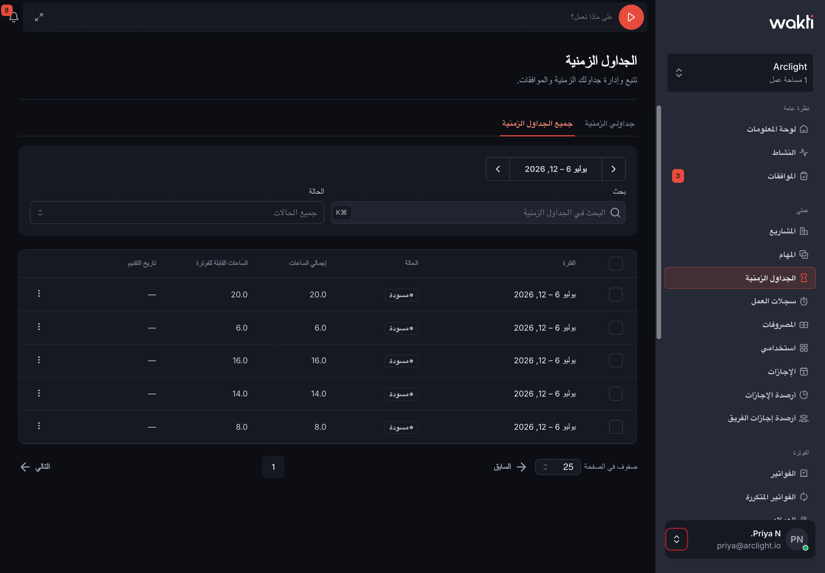 الجداول الزمنية في منصة واكتي