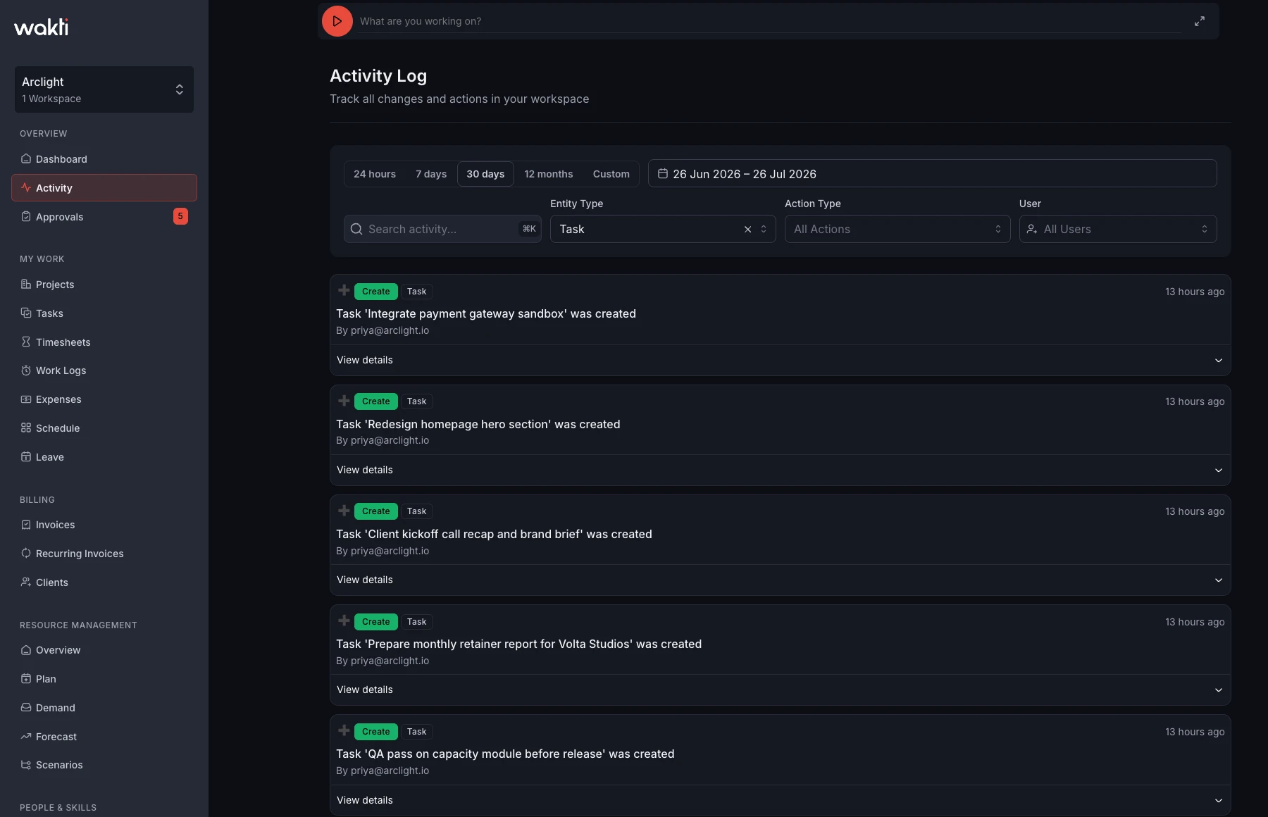 Activity feed in the Wakti platform