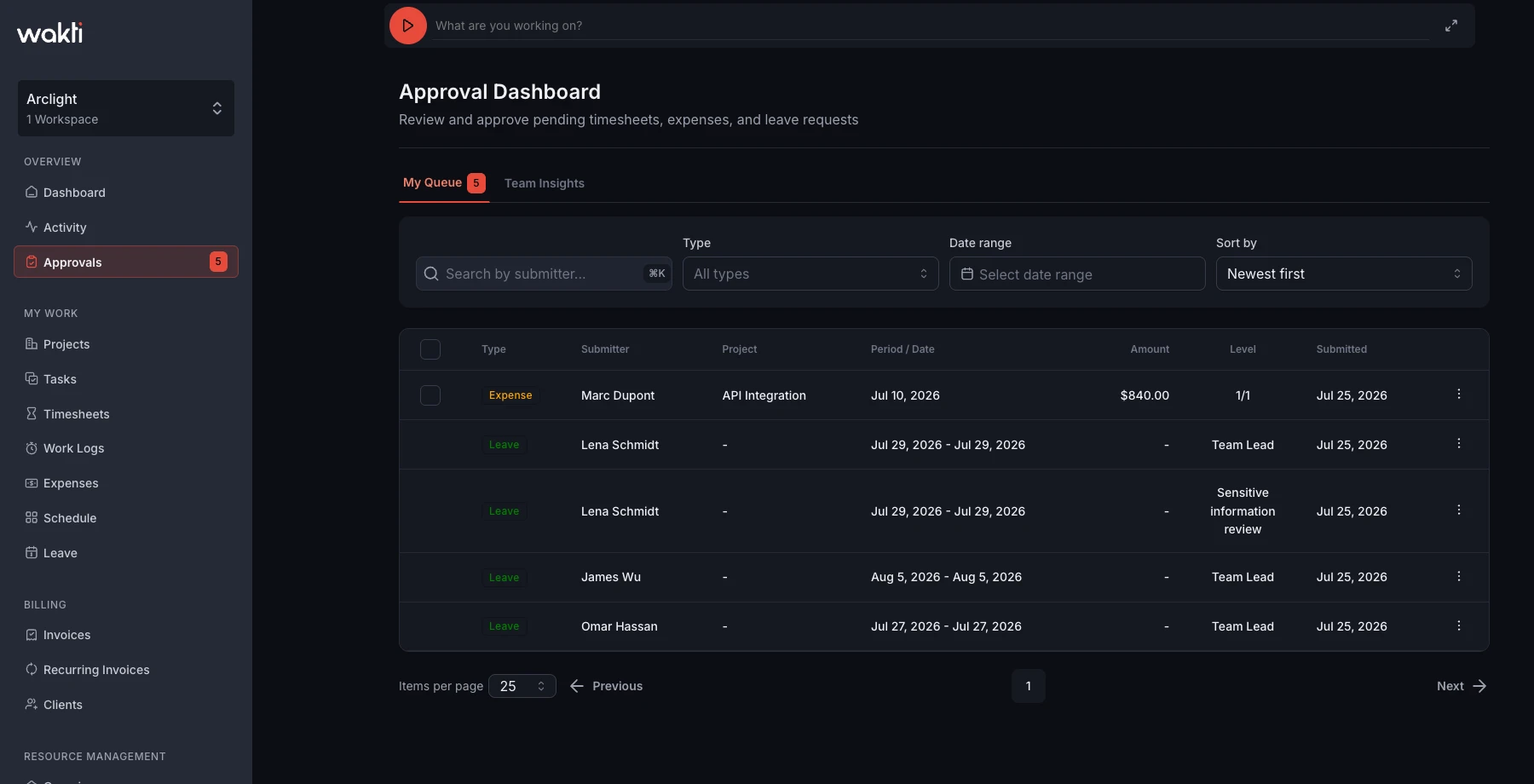 Approval dashboard queue in the Wakti platform