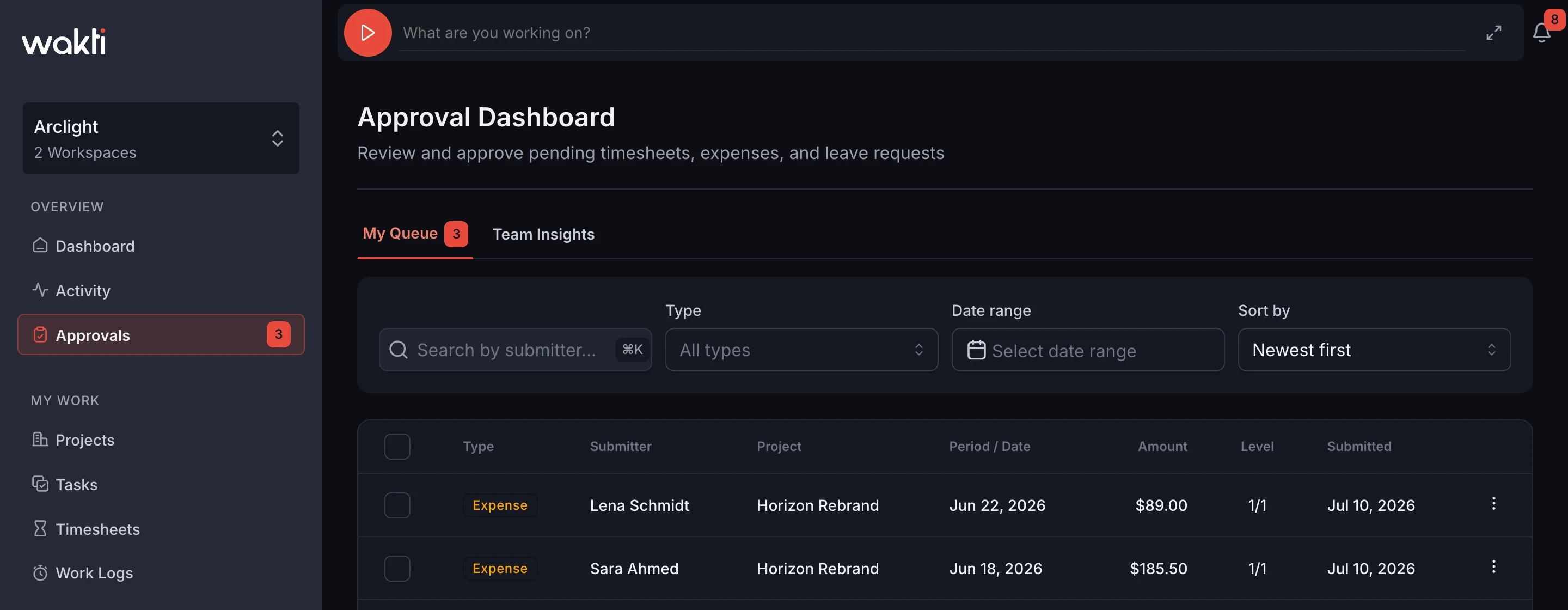 Approvals queue in the Wakti platform