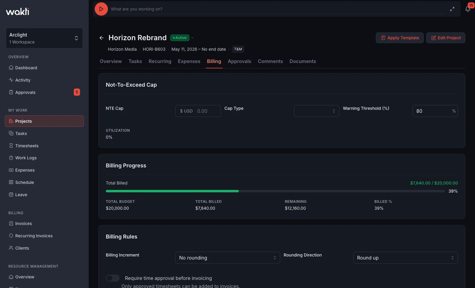 Project billing rules in Wakti