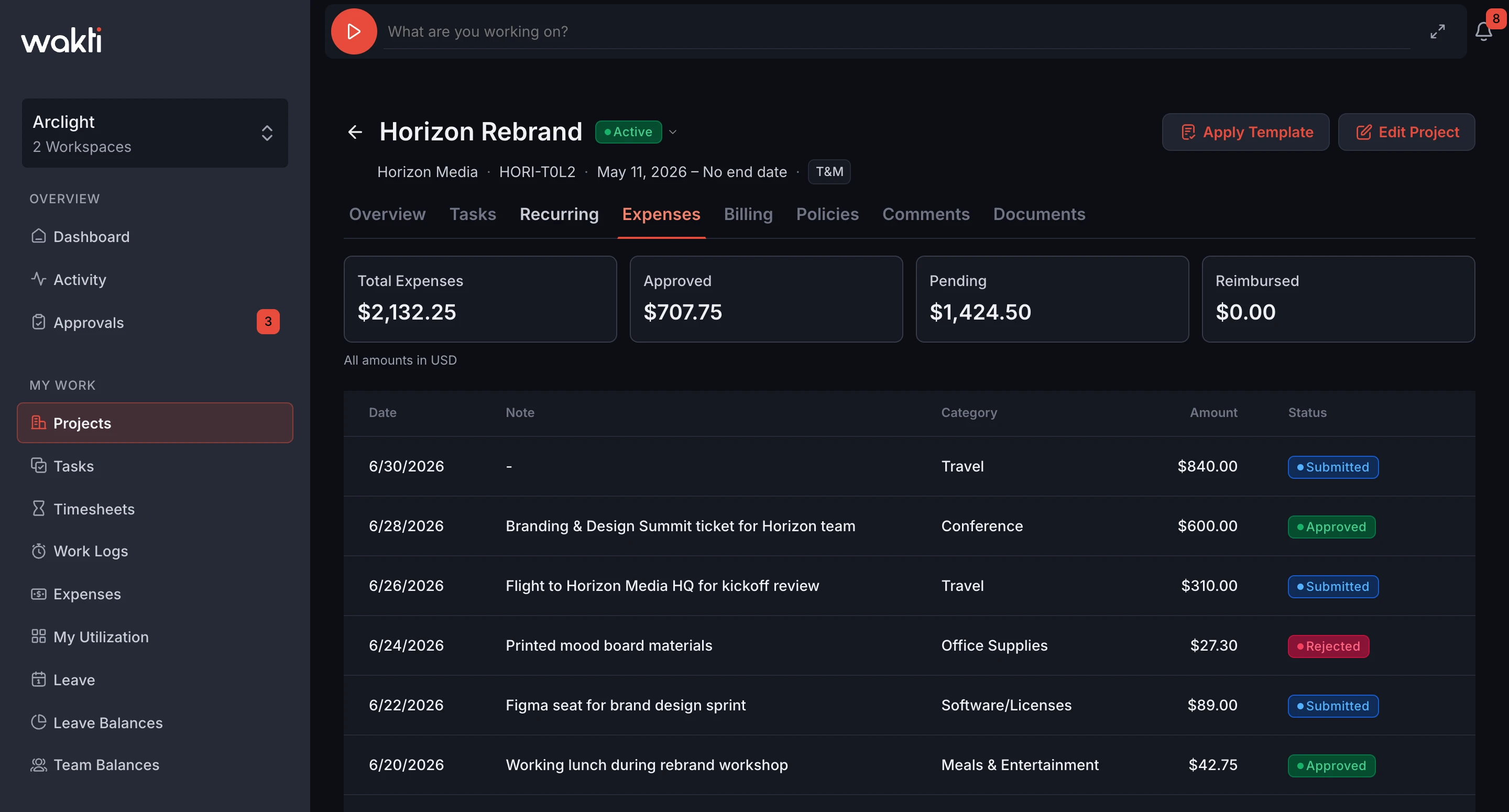 Expenses in the Wakti platform