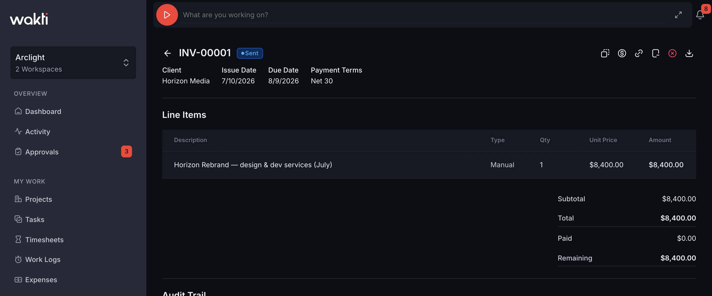 Invoice detail in the Wakti platform