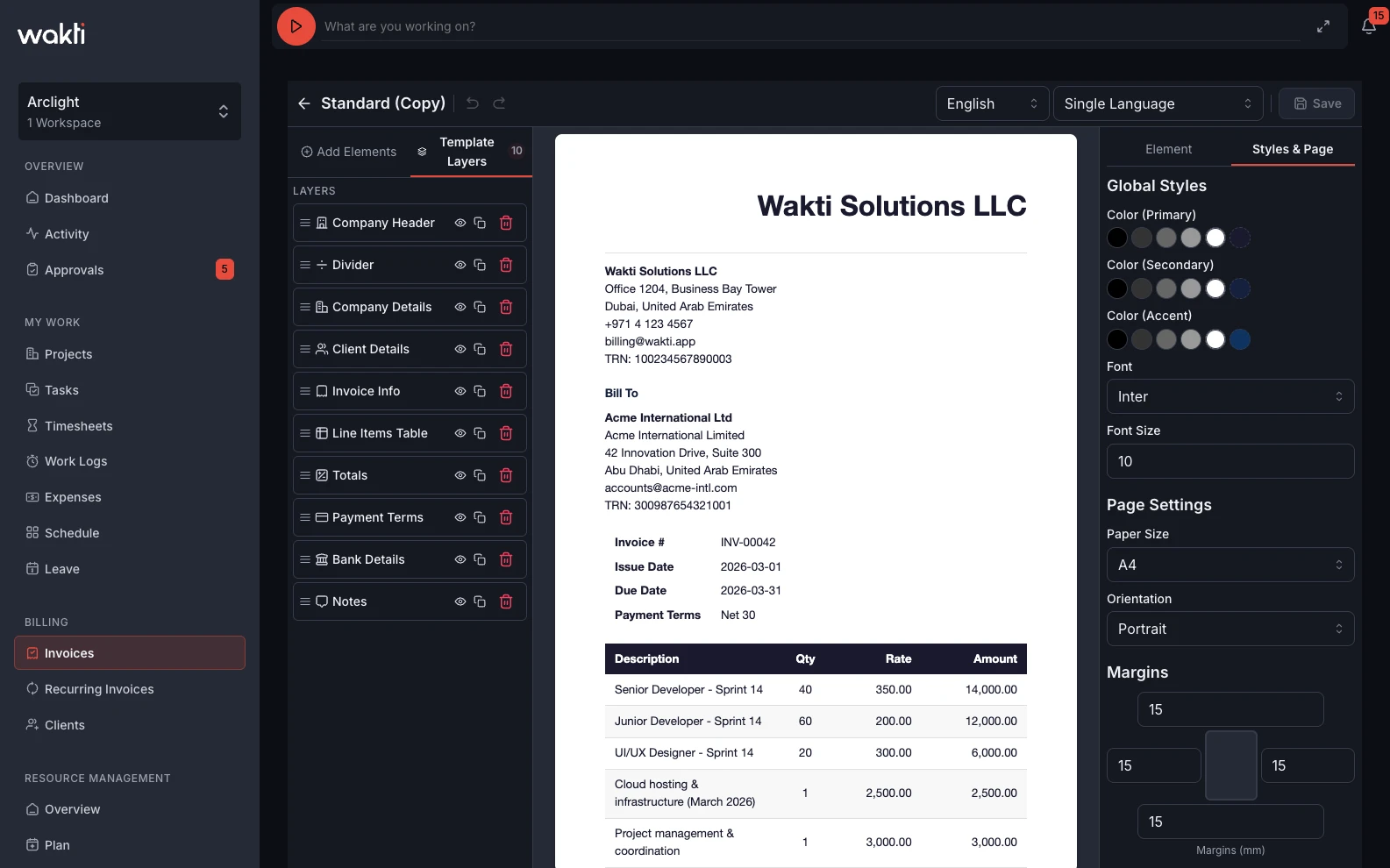 Invoice templates in Wakti