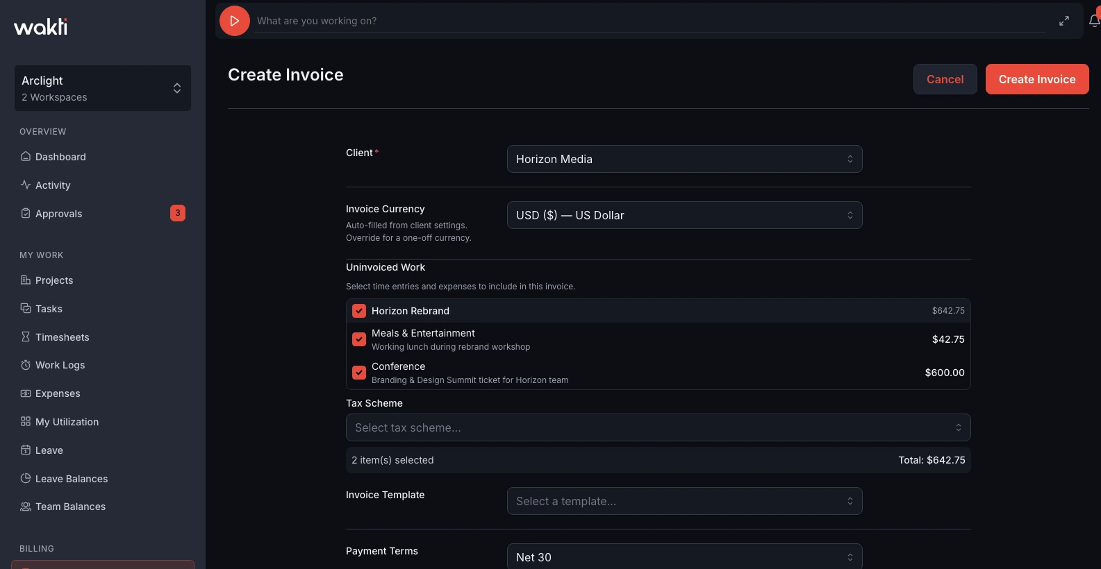 Create invoice with uninvoiced billable expenses in Wakti