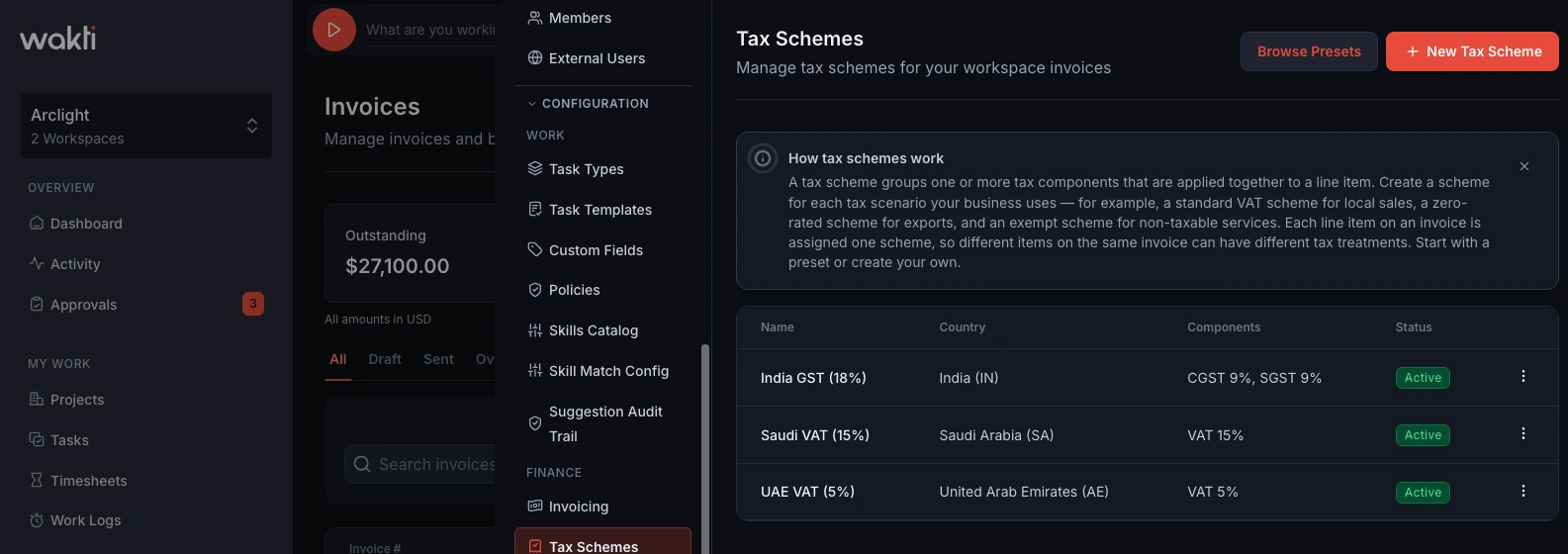 Tax schemes configuration in Wakti