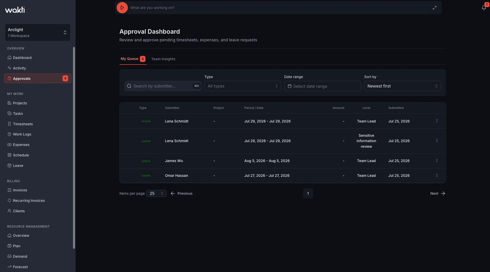 Leave approval queue in the Wakti platform