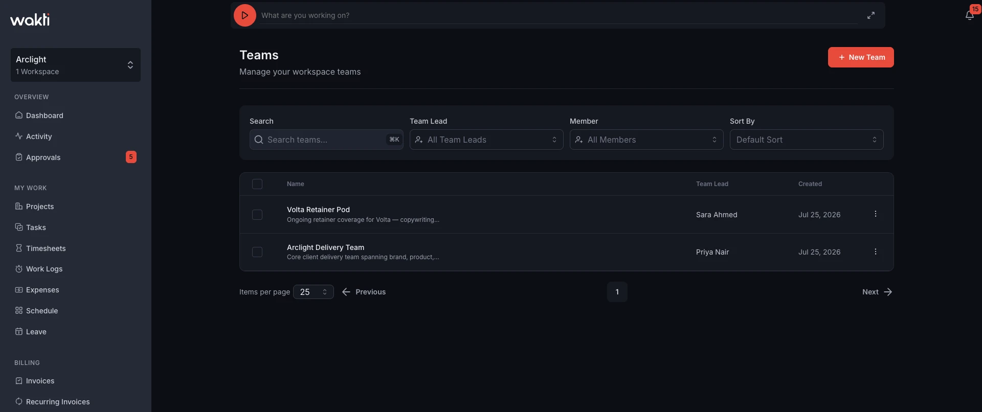 Multiple teams in one Wakti workspace