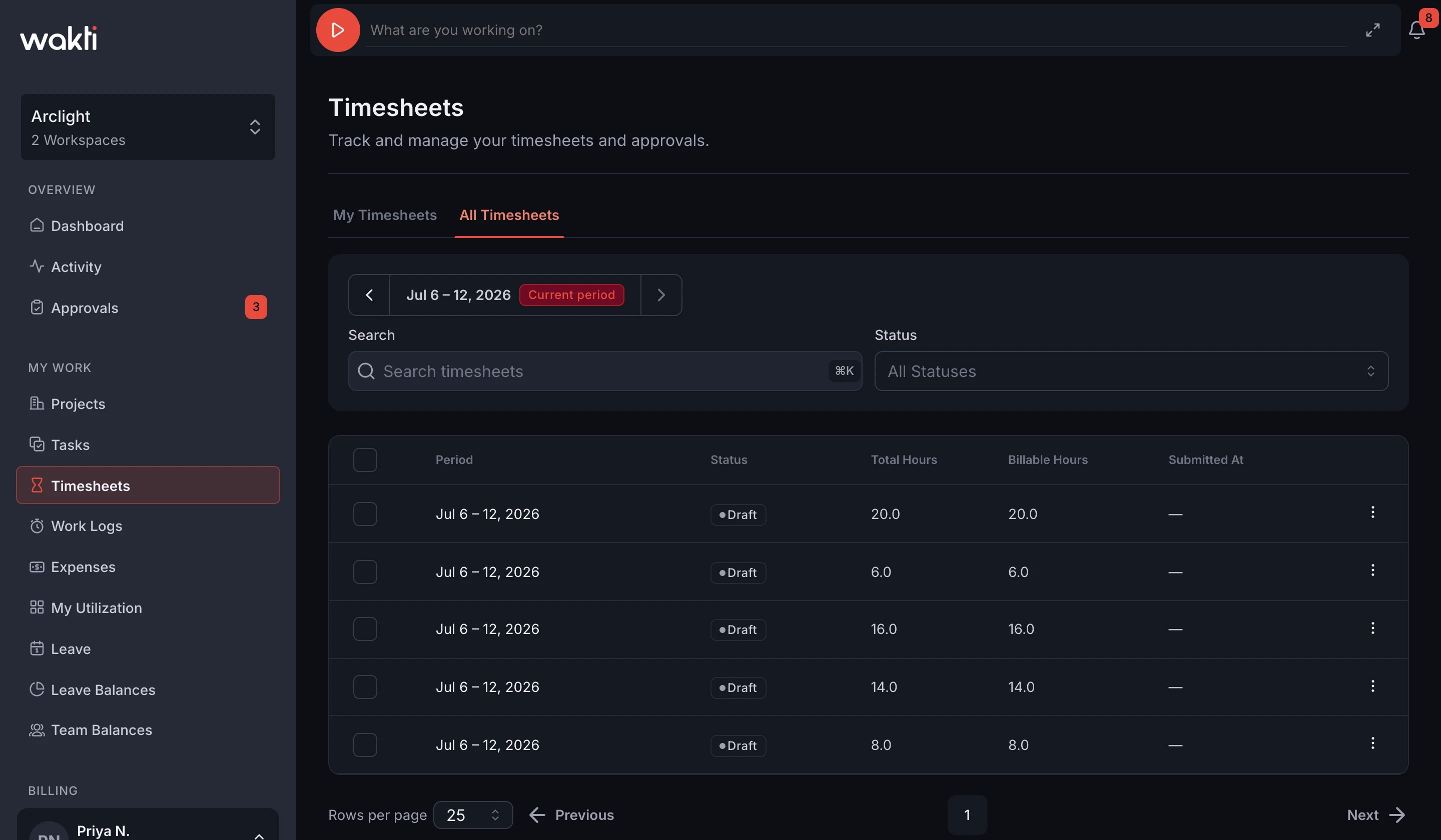Timesheets in the Wakti platform