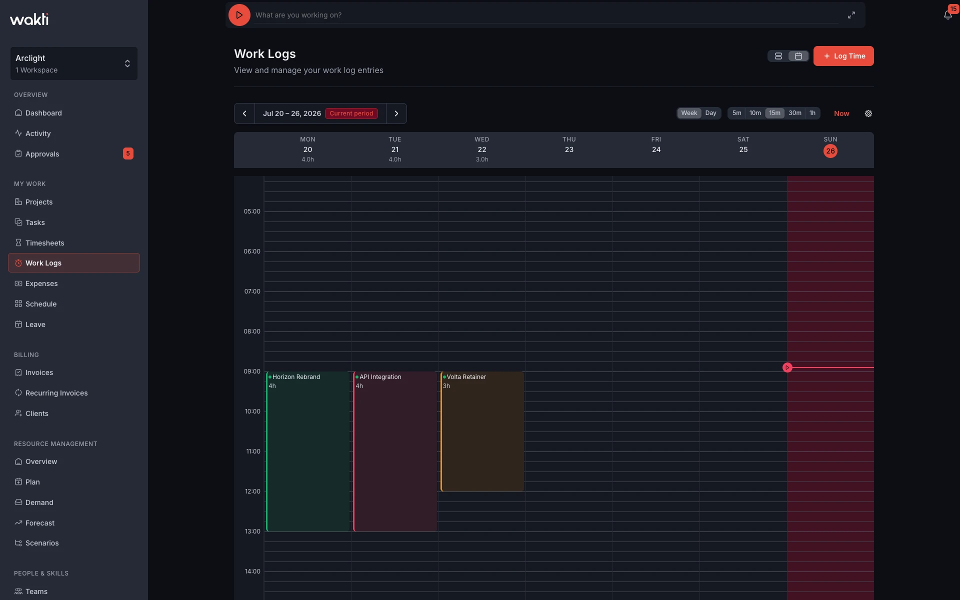 Work Logs calendar in the Wakti platform