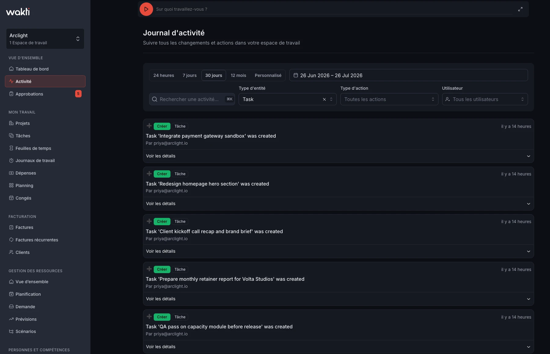 Flux d'activité dans la plateforme Wakti