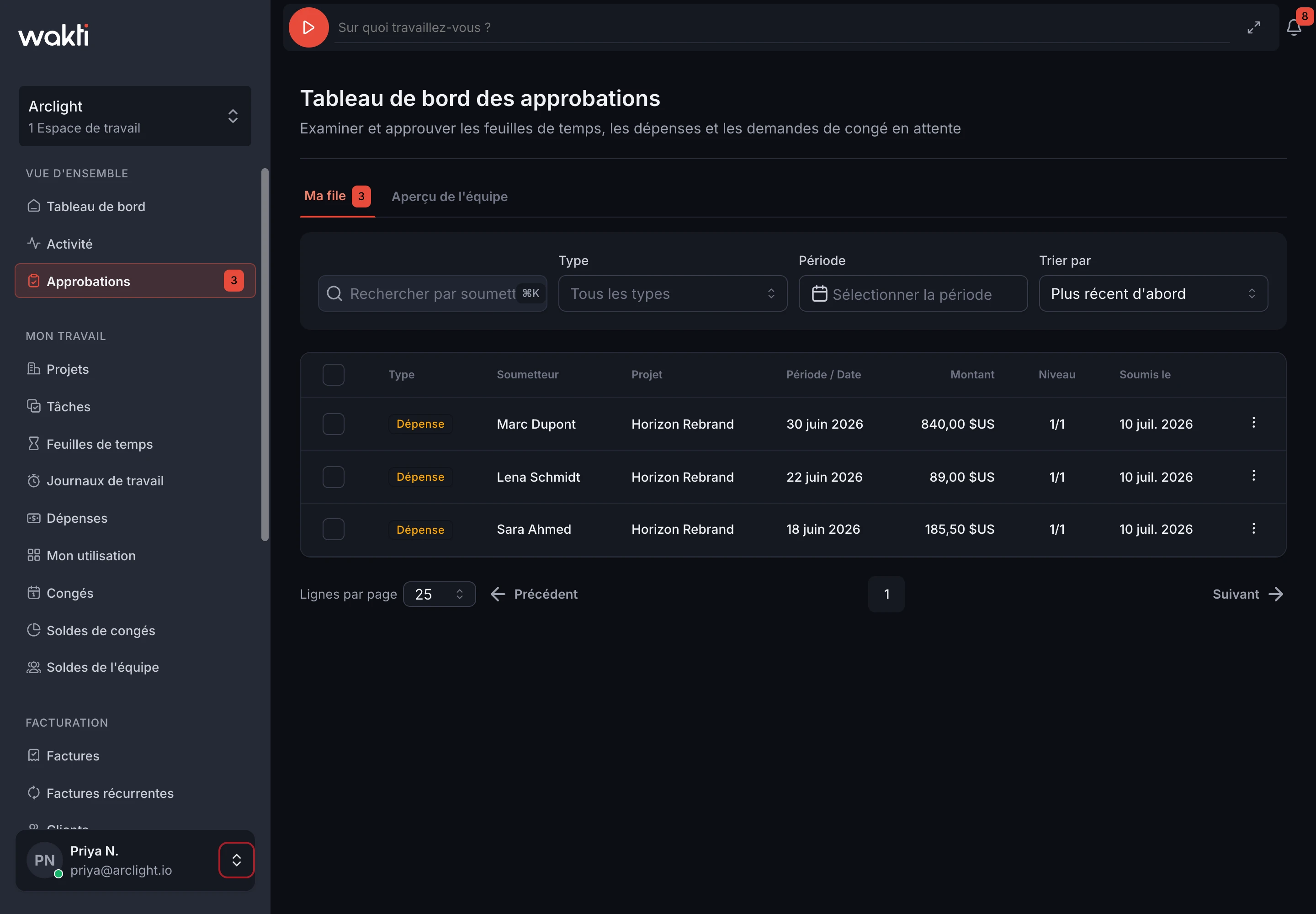 File d'approbations dans la plateforme Wakti