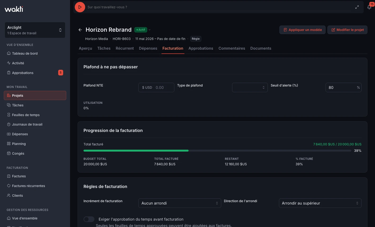 Project billing rules in Wakti