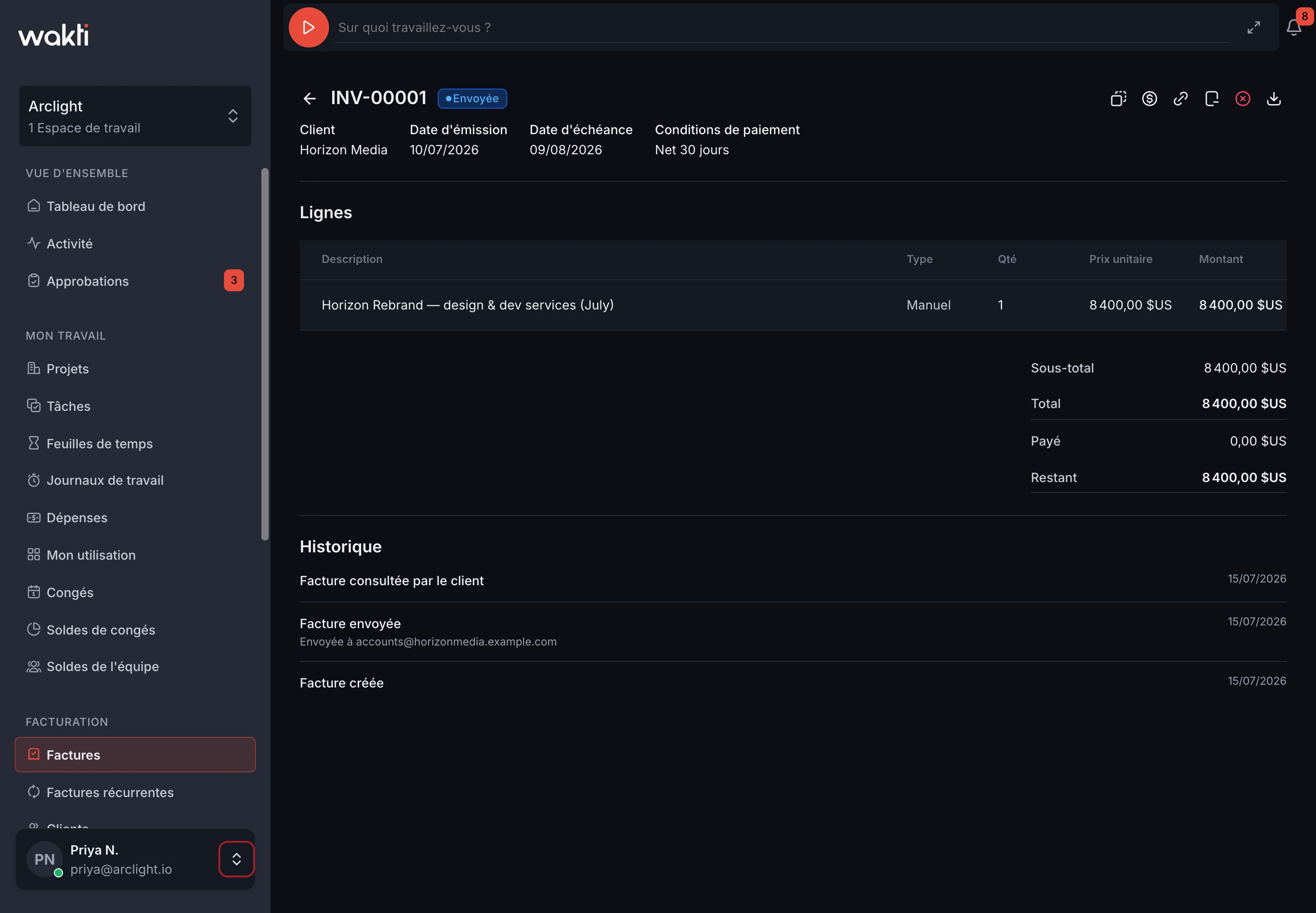 Détail de facture dans la plateforme Wakti