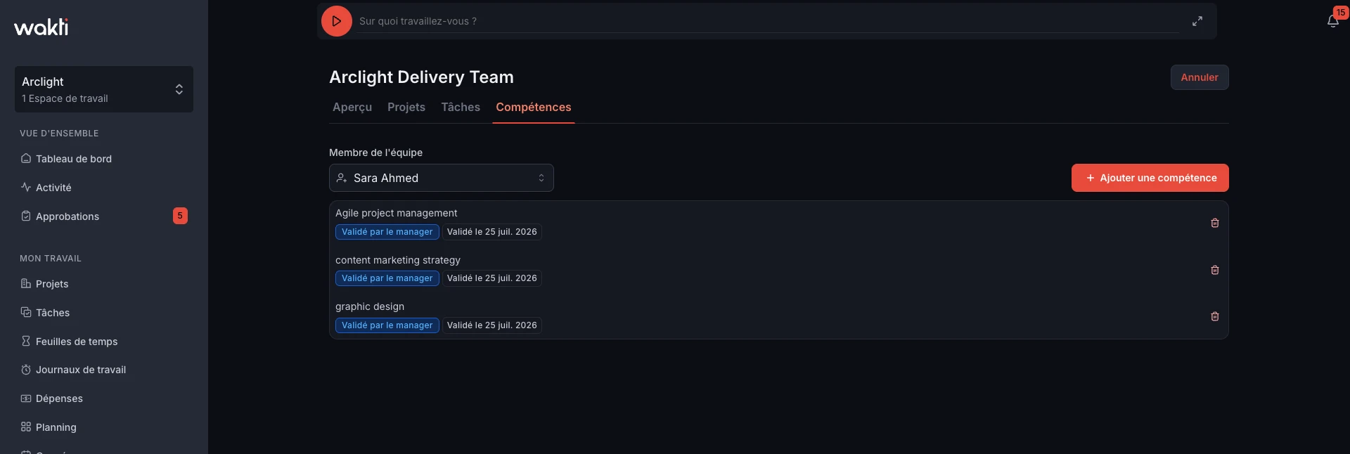 Member skills tracking in the Wakti platform