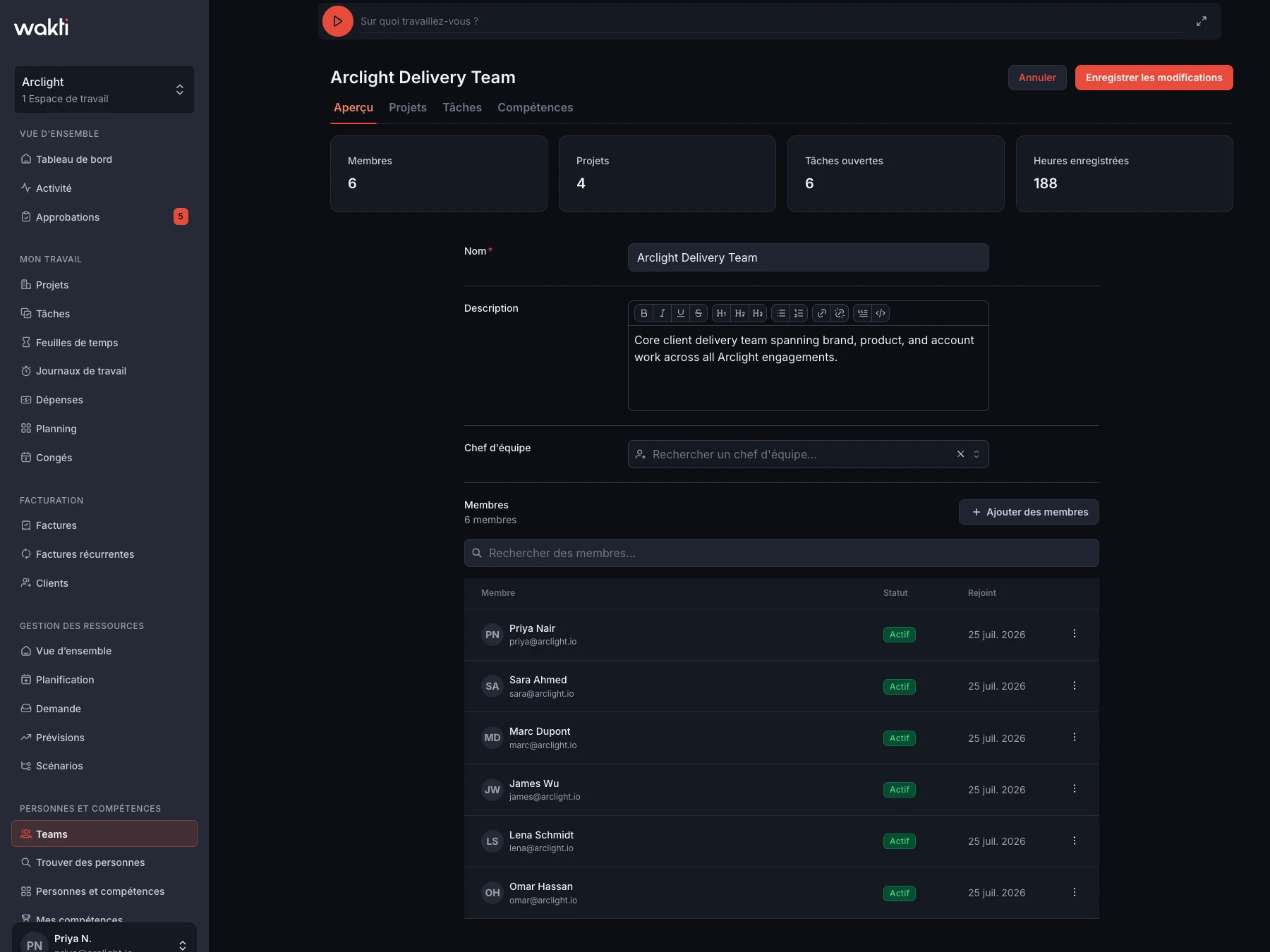 Gestion de l'équipe et de l'espace de travail dans la plateforme Wakti