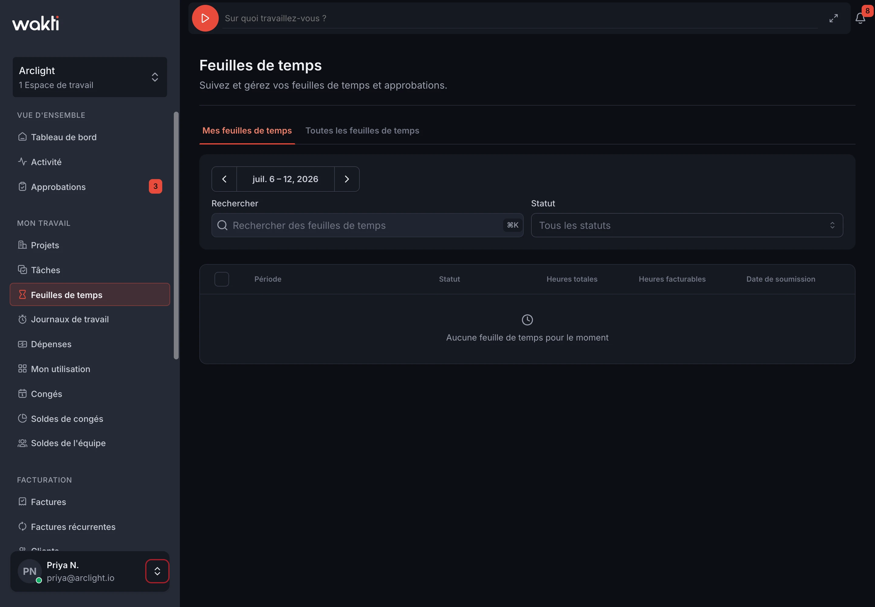 Feuilles de temps dans la plateforme Wakti