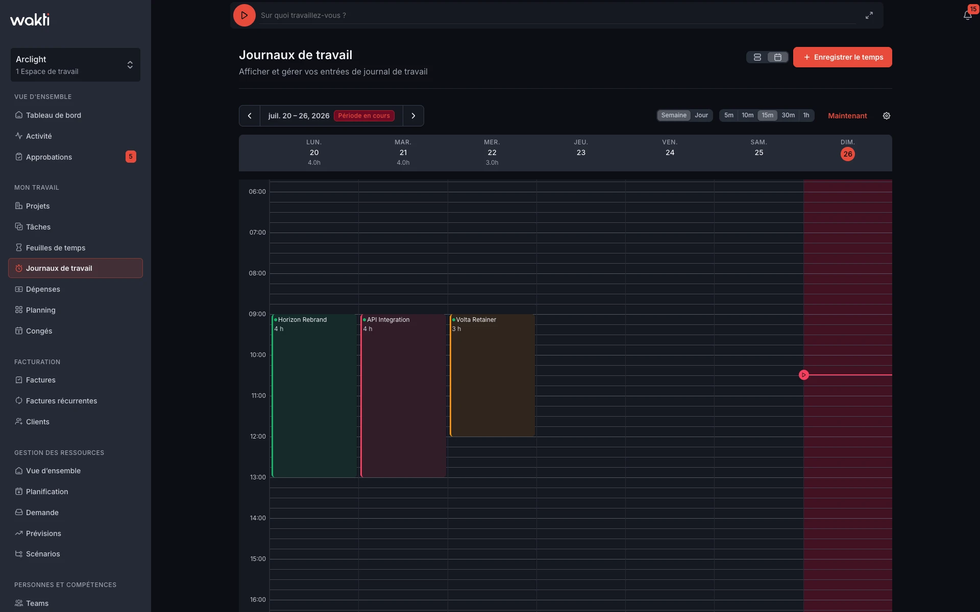 Work Logs calendar in the Wakti platform