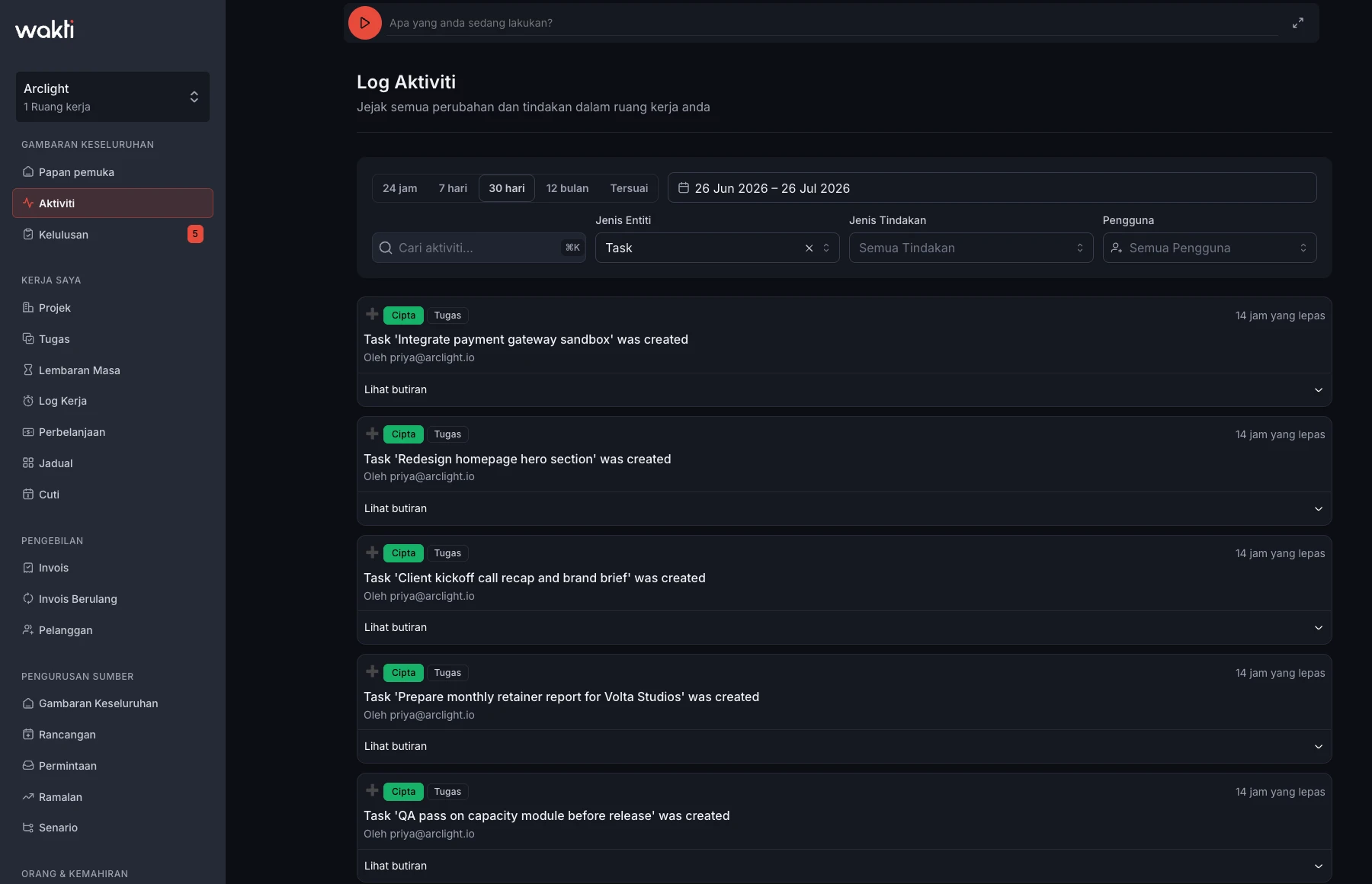 Suapan aktiviti dalam platform Wakti