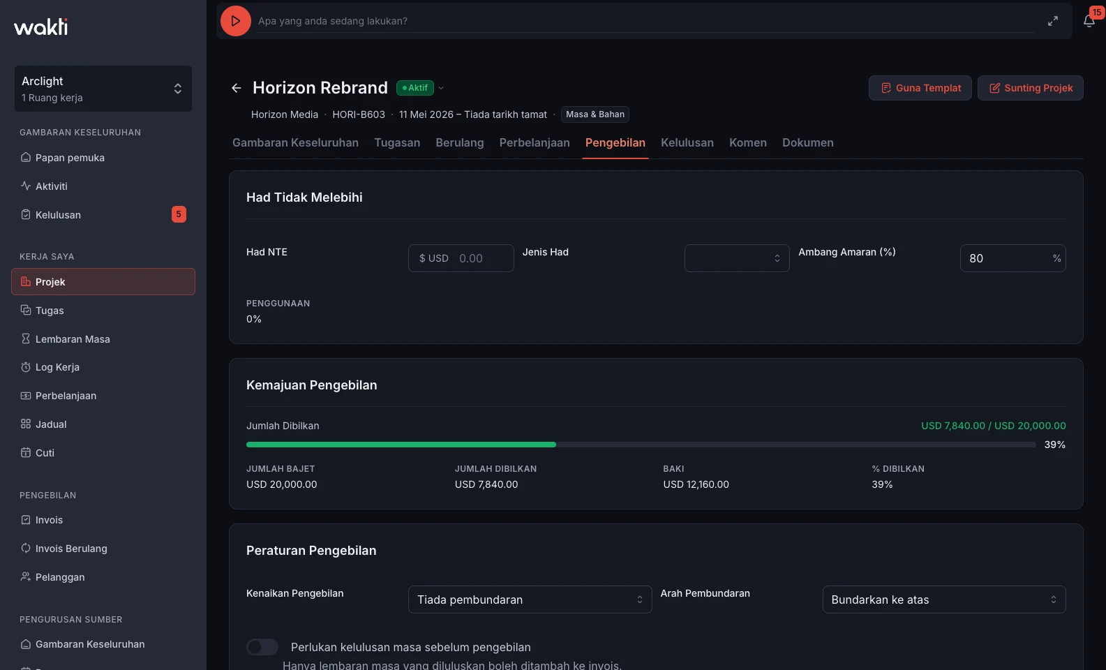 Project billing rules in Wakti