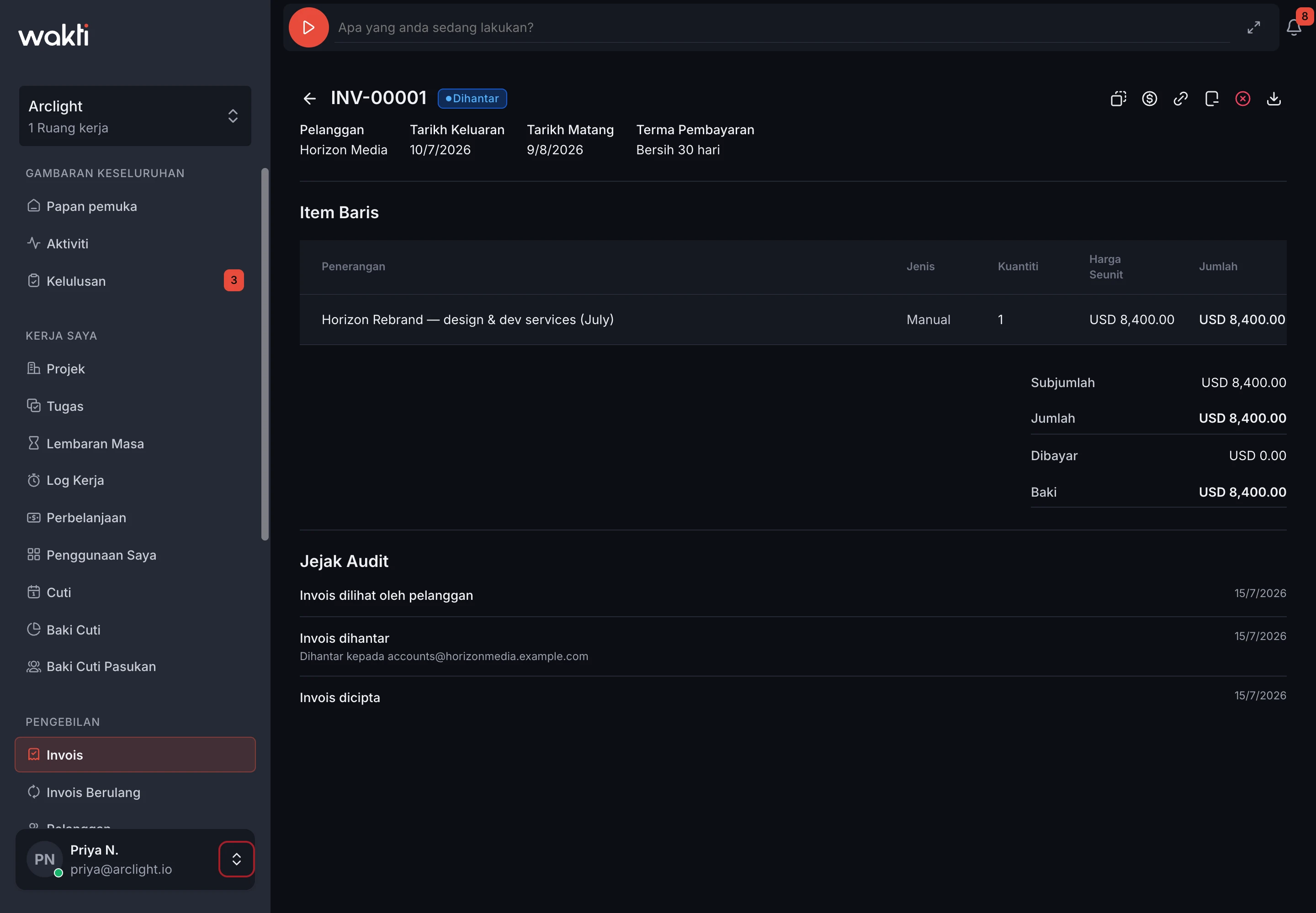 Perincian invois dalam platform Wakti