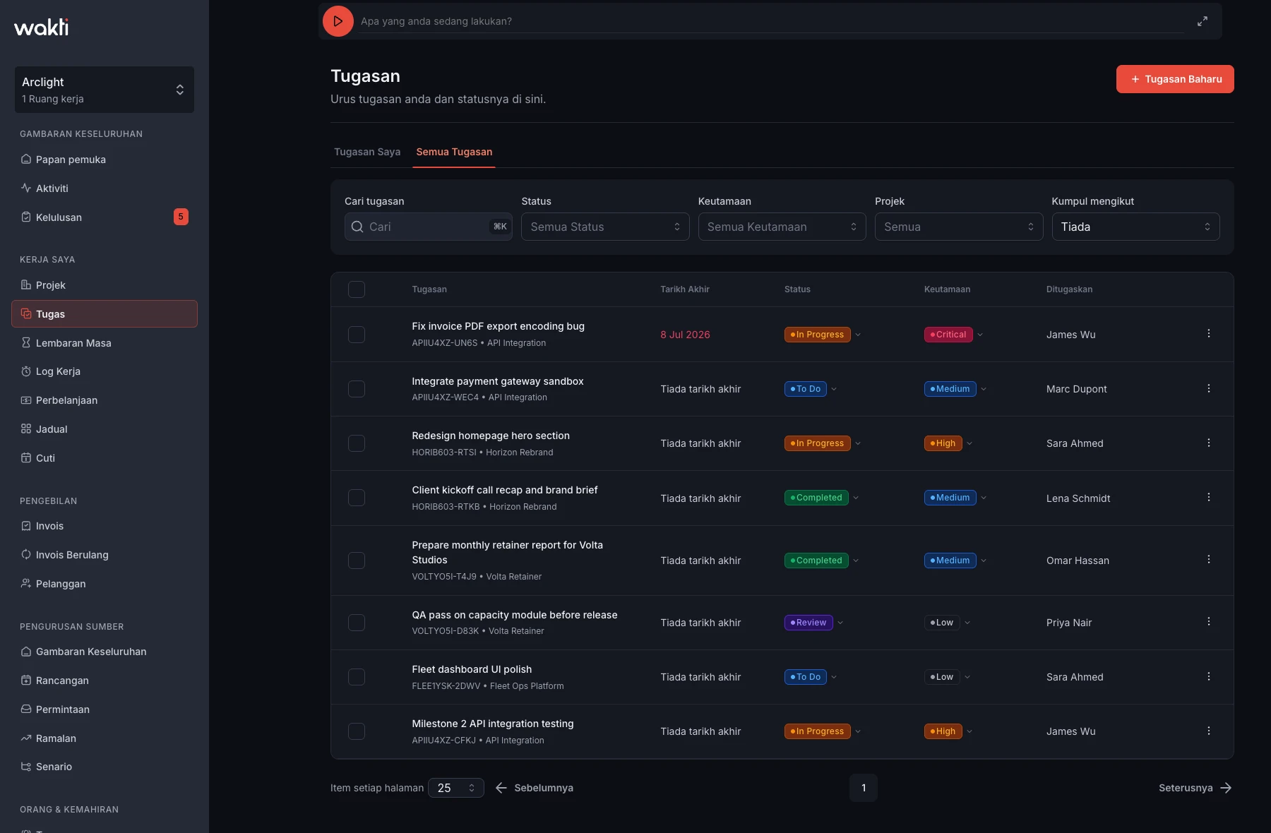 Pengurusan tugas dalam platform Wakti