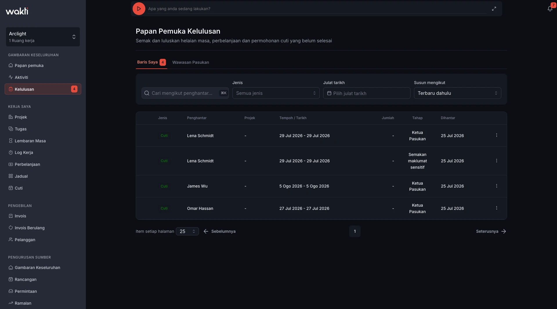 Leave approval queue in the Wakti platform