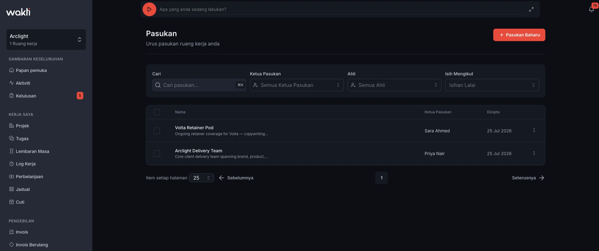 Multiple teams in one Wakti workspace