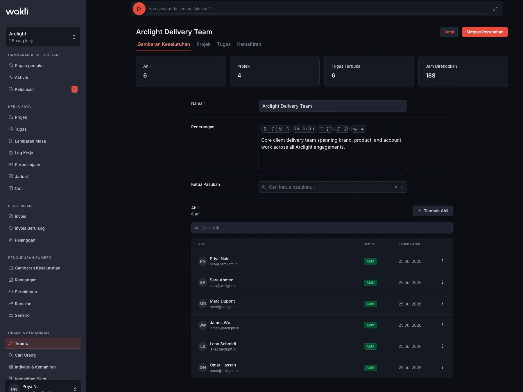 Pengurusan Pasukan & Ruang Kerja dalam platform Wakti