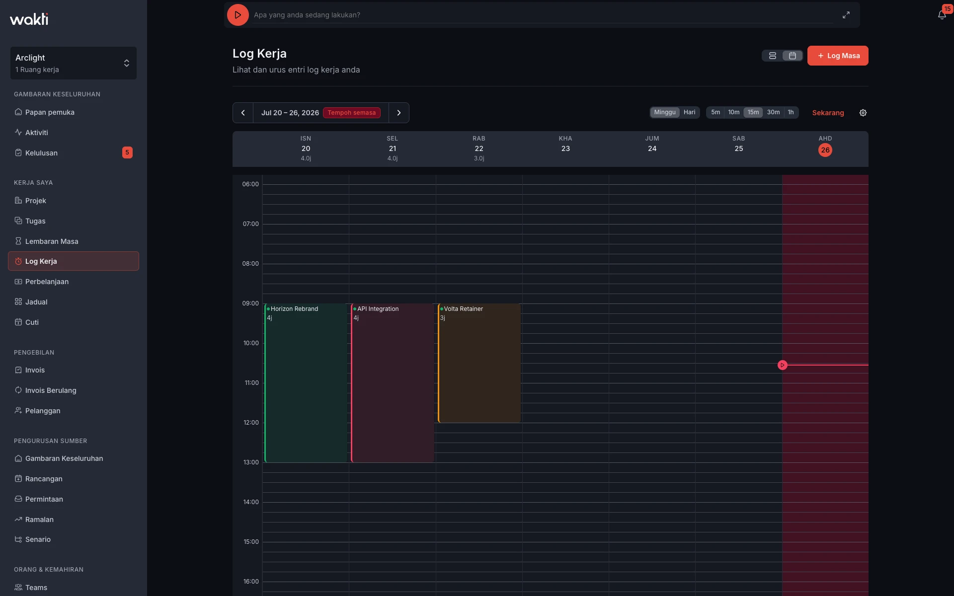 Work Logs calendar in the Wakti platform